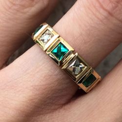 Bezel Golden Half Eternity Princess Cut Emerald & White Sapphire Wedding Band For Men