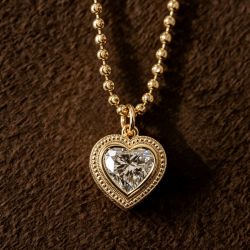 Golden Retro Embossed Bezel Heart Cut White Sapphire Ball Chain Pendant Necklace For Women