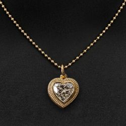 Golden Retro Embossed Bezel Heart Cut White Sapphire Ball Chain Pendant Necklace For Women