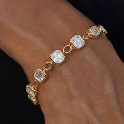 Golden Bezel Asscher Cut White Sapphire Tennis Bracelet For Women