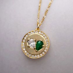Golden Pear Cut Emerald & White Sapphire Infinity Link Chain Pendant Necklace For Women
