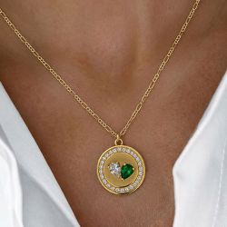 Golden Pear Cut Emerald & White Sapphire Infinity Link Chain Pendant Necklace For Women
