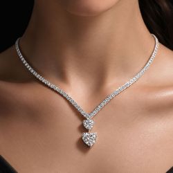 V-Shape Heart Cut White Sapphire Layered Heart Tennis Necklace For Women