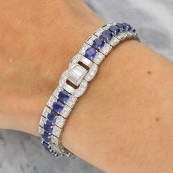 Art Deco Round Cut Blue Sapphire Tennis Bracelet For Women