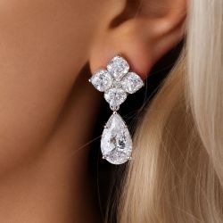 Cluster Design Pear Cut White Sapphire Drop Earrings For Women Wedding Jewelry  