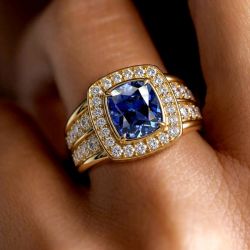 Halo Golden Cushion Cut Blue Sapphire Wedding Jewelry Engagement Ring For Women