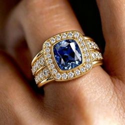 Halo Golden Cushion Cut Blue Sapphire Wedding Jewelry Engagement Ring For Women