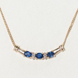 Three Stones Golden Oval Cut Blue Sapphire Pendant Necklace For Women 