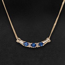 Three Stones Golden Oval Cut Blue Sapphire Pendant Necklace For Women 