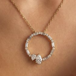 Golden Hoop Shaped Pear Cut White Sapphire Pendant Necklace For Women 