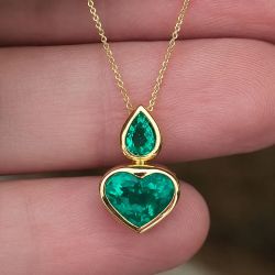 Bezel Golden Pear & Heart Cut Emerald Sapphire Pendant Necklace For Women