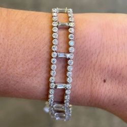 Miligrain Round & Baguette Cut White Sapphire Double Row Bracelet For Women 