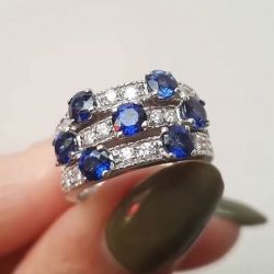 Triple Row Half Eternity Round Cut Blue Sapphire Wedding Band For Women