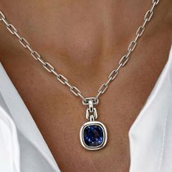 Bezel Solitaire Cushion Cut Blue Sapphire Pendant Necklace For Women