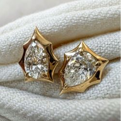 Golden Pear Cut White Sapphire Stud Earrings For Women 