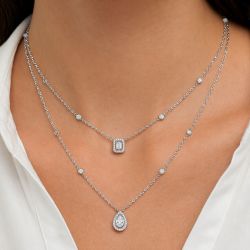 Double Row Halo Pear & Emerald Cut White Sapphire Layering Necklace For Women Wedding Jewelry 