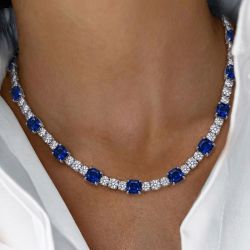 Cushion Cut Blue Sapphire Tennis Necklace For Women Wedding Jewelry
