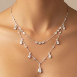 Two‑Tier Pear Cut White Sapphire Double Layer Dangling Drop Necklace For Women Wedding Bridal