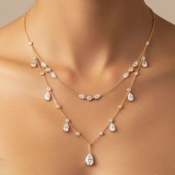 Double Row Golden Pear Cut White Sapphire Layered Necklace Pendant Necklace For Women
