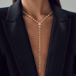 Golden Bezel Emerald Cut White Sapphire Lariat  Necklace For Women 