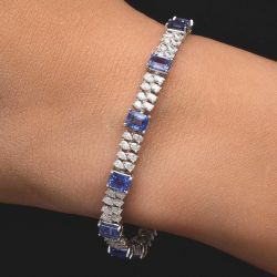 Emerald Cut Blue Sapphire Tennis Bracelet For Women Wedding Jewelry