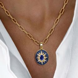 Two Tone Halo Oval Cut Blue Sapphire Pendant Necklace For Women Wedding Jewelry