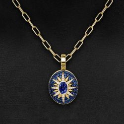 Two Tone Halo Oval Cut Blue Sapphire Pendant Necklace For Women Wedding Jewelry