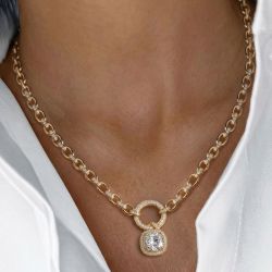 Golden Halo Cushion Cut White Sapphire Pendant Necklace For Women 