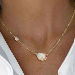 Golden Bezel Pear Cut Opal Pendant Necklace For Women 