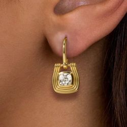 Solitaire Golden Cushion Cut White Sapphire Drop Earrings For Women Wedding Jewelry