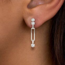 Paper Clip Round Cut White Sapphire Drop Earrings For Women Wedding Jewelry