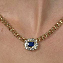 Golden Bezel Halo Emerald Cut Blue Sapphire Pendant Necklace For Women Wedding Jewelry