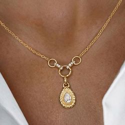 Golden Bezel Pear Cut White Sapphire Pendant Necklace For Women Wedding Jewelry