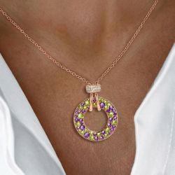 Rose Gold Round Cut Peridot & Amethyst Sapphire Pendant Necklace For Women   