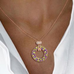 Rose Gold Round Cut Peridot & Amethyst Sapphire Pendant Necklace For Women   