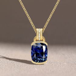 Golden Half Bezel Cushion Cut Blue Sapphire Pendant Necklace For Women