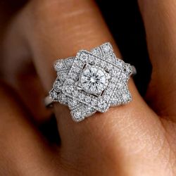 Art Deco Milgrain Bezel Halo Round Cut White Sapphire Geometric Engagement Ring For Women 