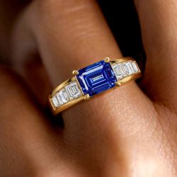 Golden Emerald Cut Blue White Sapphire Engagement Ring For Women