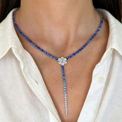 Ombre Round Cut Blue Sapphire Flower Cluster Gradient Lariat Drop Necklace Tennis Y Necklace For Women