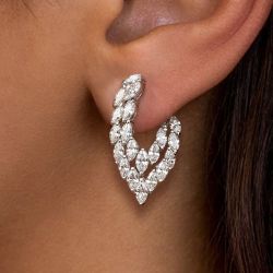 Cluster Leaf Double Row Marquise Cut White Sapphire Hoop Earrings For Women 