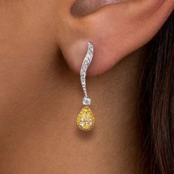 Two Tone Halo Pear Cut Yellow Sapphire Drop Earrings For Women