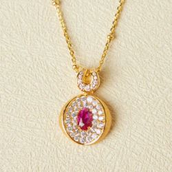 Halo Golden Brushed Oval Cut Ruby Sapphire Pendant Necklace For Women