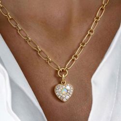 Gold Necklace Design Heart-Shaped Milgrain Round Cut Opal Pendant Necklace For Women   