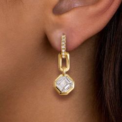Golden Bezel Asscher Cut White Sapphire Drop Earrings For Women