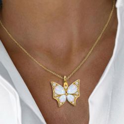 Golden Butterfly Pear Cut Opal Pendant Necklace For Women  