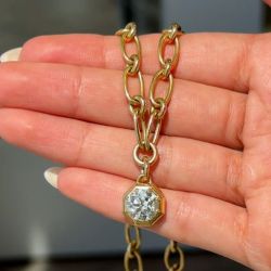 Gold Round Cut White Sapphire Paperclip Chain Necklace Octagon Chunky Link Pendant Necklace For Women