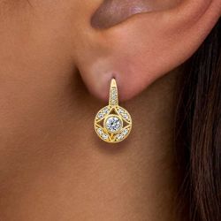 Gold Round Cut White Sapphire Compass Starburst Statement Earrings Drop Earrings For Women