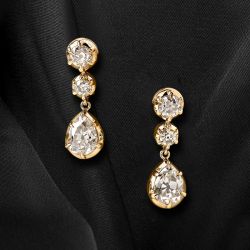Classic Gold Three Stone Round & Pear Cut White Sapphire Dangle Earrings Drop Earrings For Women 
