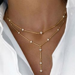 Gold Princess Cut White Sapphire Double Layer Star Y Drop Necklace Station Bar Chain Layered Lariat Necklace For Women