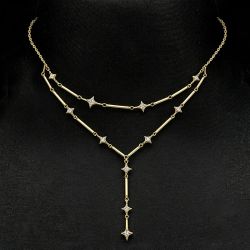 Gold Princess Cut White Sapphire Double Layer Star Y Drop Necklace Station Bar Chain Layered Lariat Necklace For Women